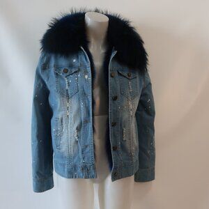 Womens Daniella Erin NYC Blue Rabbit Fur Lined Raccoon Fur Collar Denim Jacket L